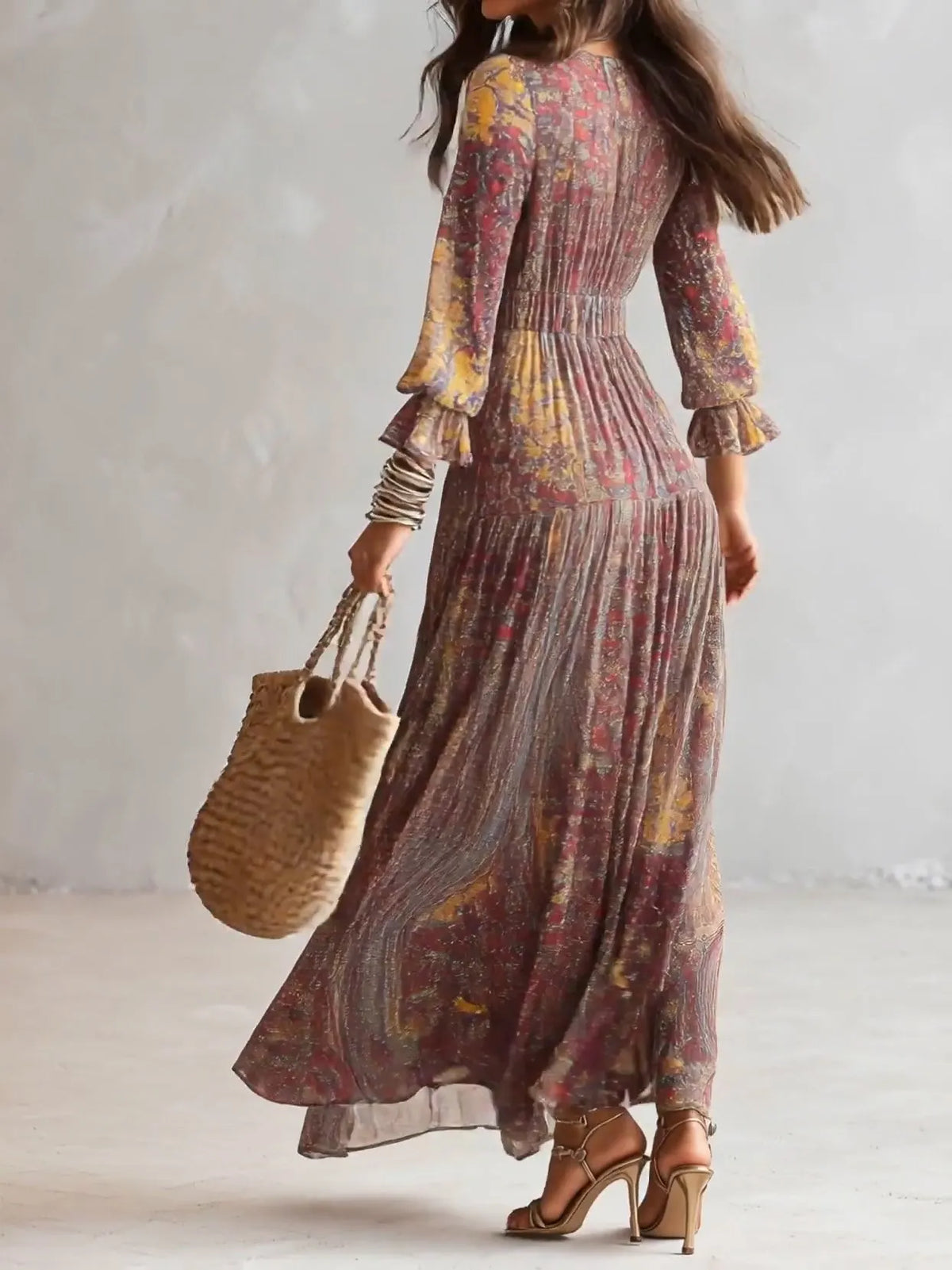 Paisley Print V-neck Gathered Chiffon Maxi Dress Flowering Girl