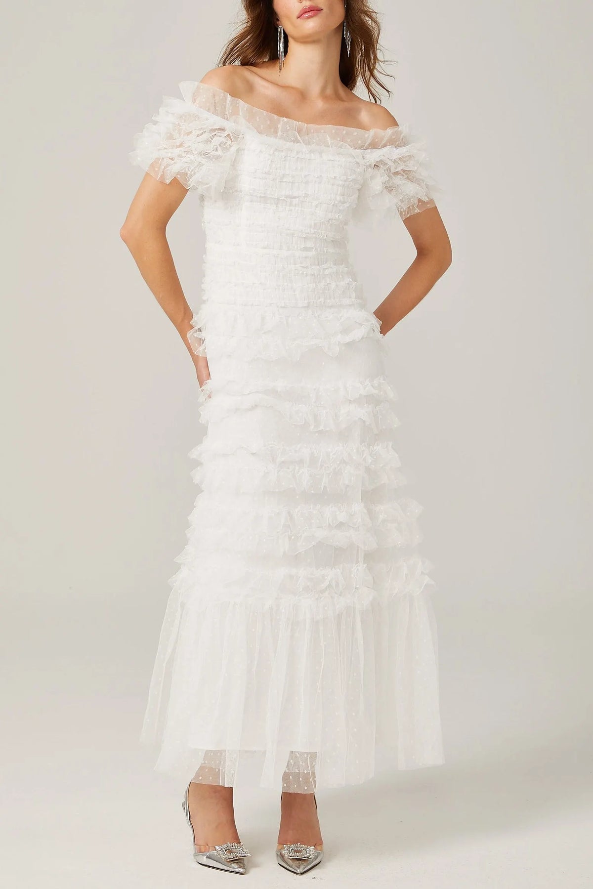 Joyce Ruffled Tulle Tiered Strapless Midi Dress In White Flowering Girl
