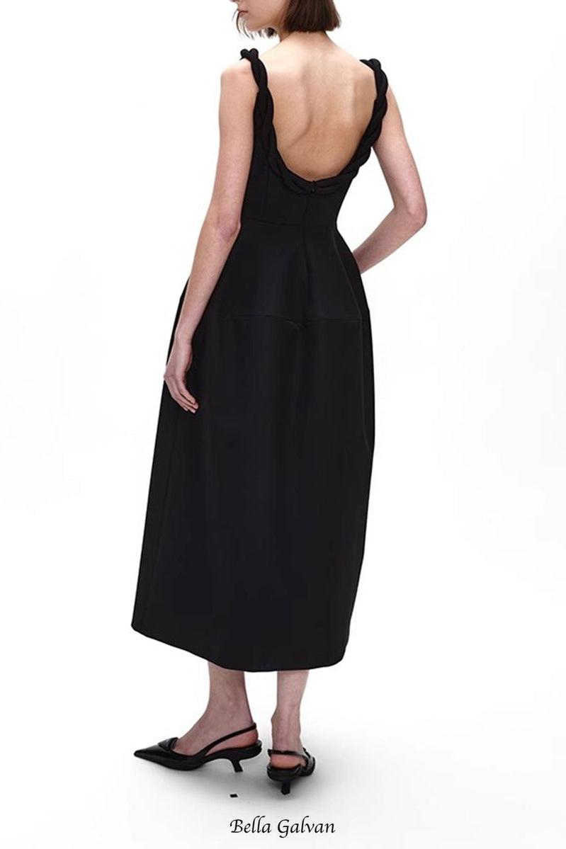 monica Braided shoulder straps midi dress in black Flowering Girl