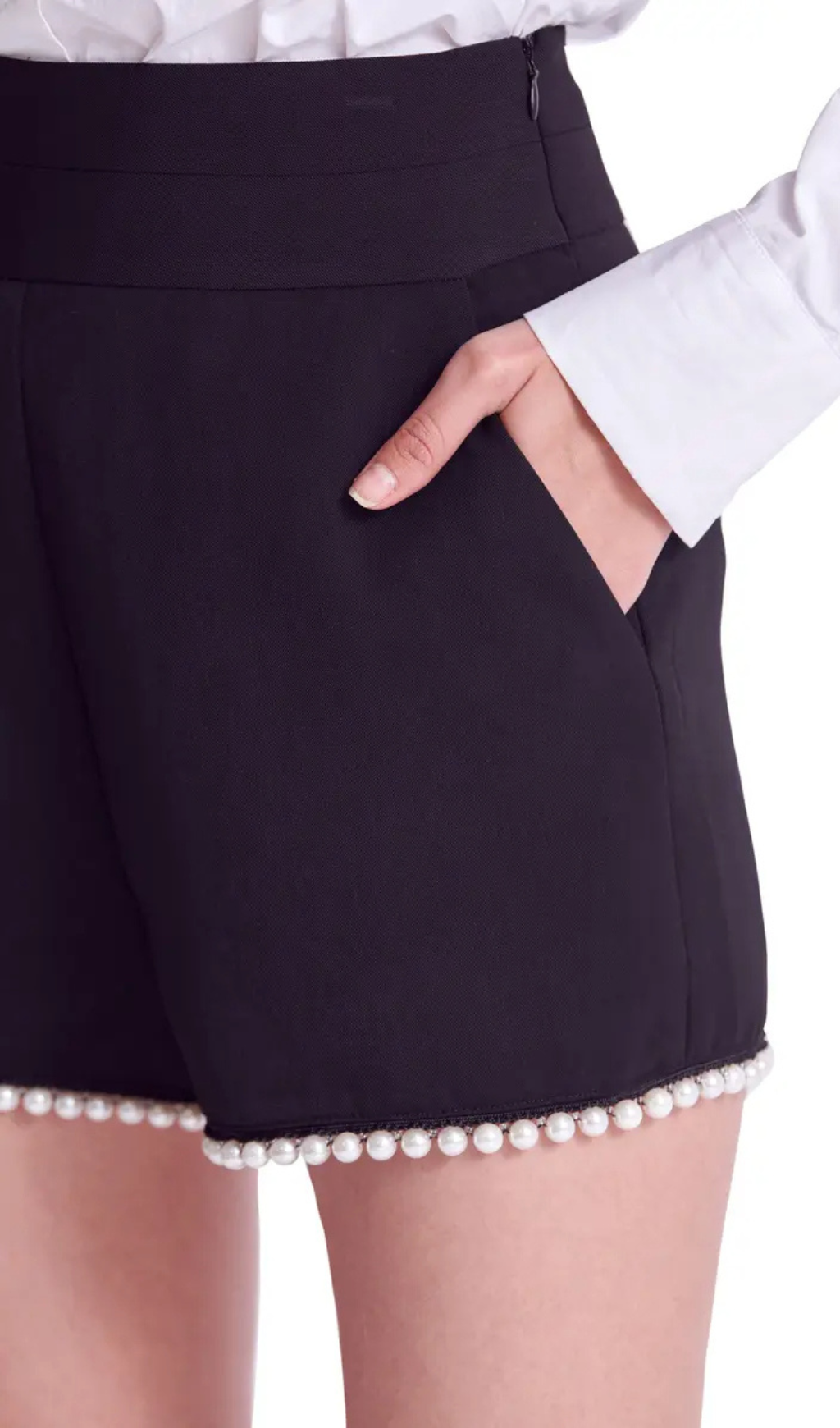 Imitation Pearl Trim High Waist Shorts In Black Flowering Girl