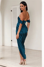 Strapless Satin Midi Dress In Teal Flowering Girl