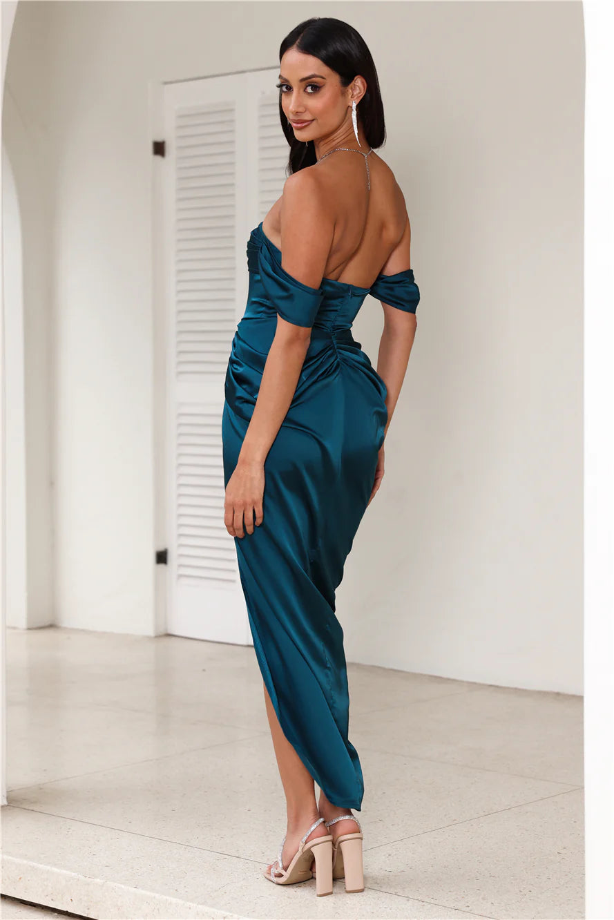 Strapless Satin Midi Dress In Teal Flowering Girl