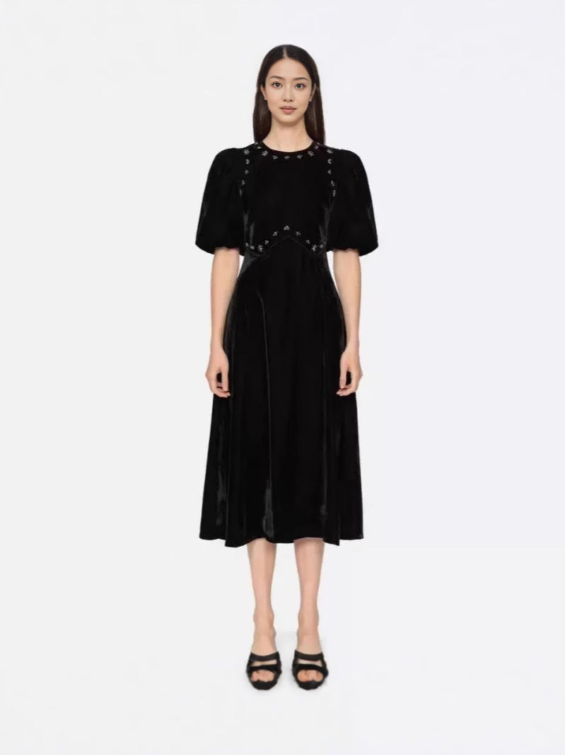 Crystal Embellished Puff Midi Dress In Black Flowering Girl