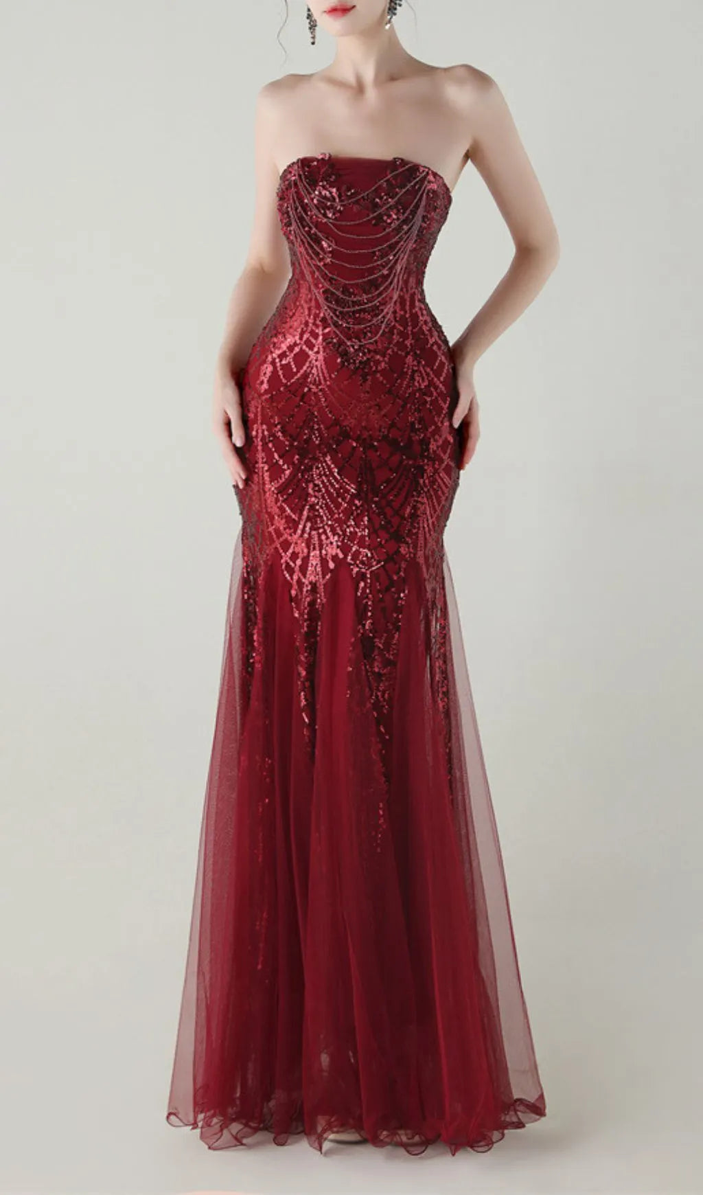 Ikuye Red Strapless Sequin Mesh Maxi Dress Flowering Girl