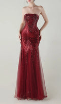 Ikuye Red Strapless Sequin Mesh Maxi Dress Flowering Girl