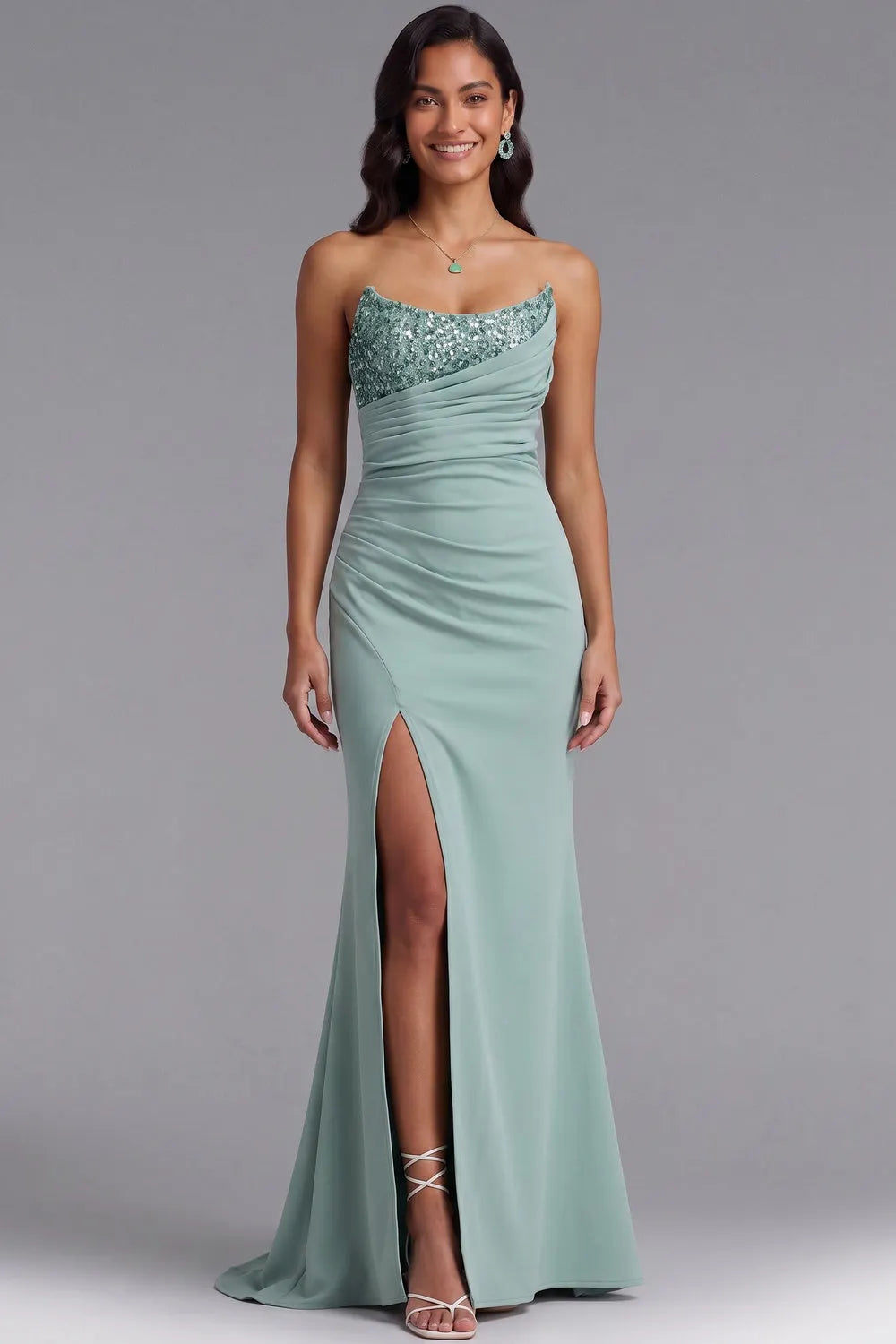 Mint Green One-Shoulder Sequin Evening Gown Flowering Girl