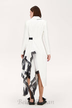 Asymmetric pleated ruffle trim blazer dress in white Flowering Girl