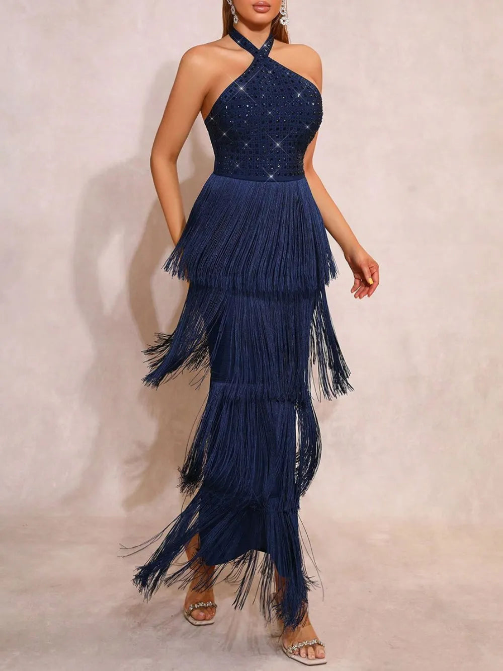Merrit Blue Halter Diamante Tassel Maxi Dress Flowering Girl