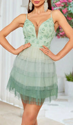 Haroun Green Flower Mesh Mini Dress Flowering Girl