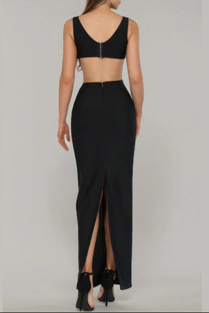 Flower V-Neck Hollow Out Maxi Dress In Black Flowering Girl