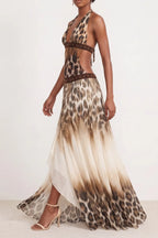 Halter Deep V Leopard Print Beaded Waist Split Maxi Dress Flowering Girl