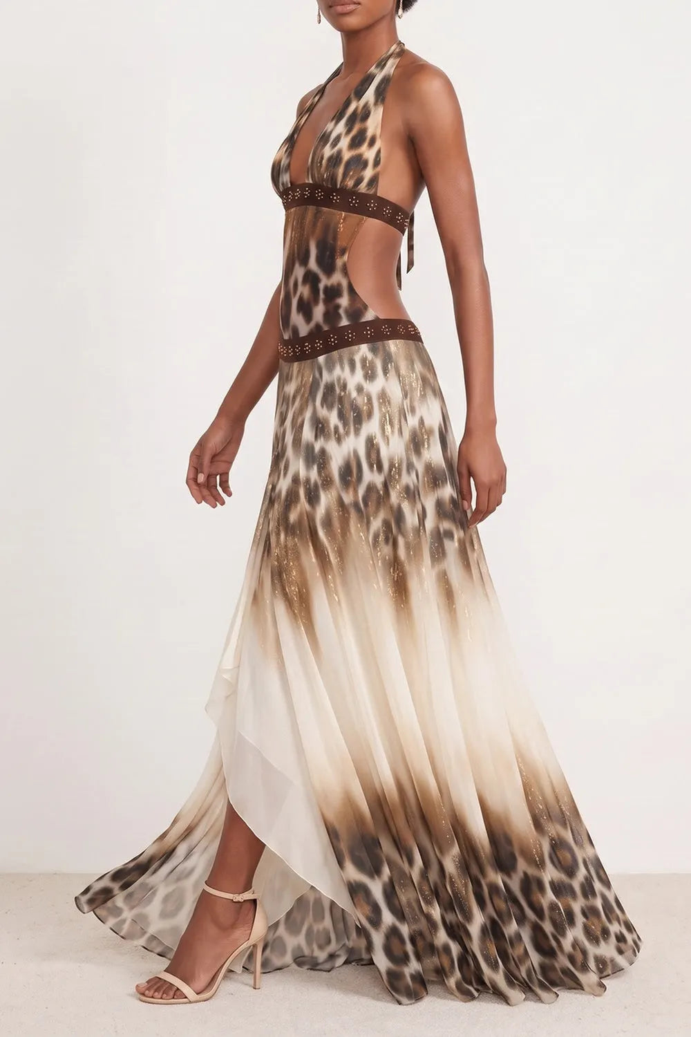 Halter Deep V Leopard Print Beaded Waist Split Maxi Dress Flowering Girl