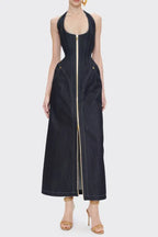 Haltered Corseted Midi Dress Denim In Navy Blue Flowering Girl