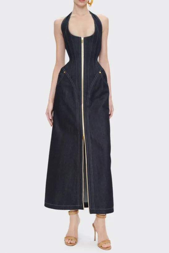 Haltered Corseted Midi Dress Denim In Navy Blue Flowering Girl