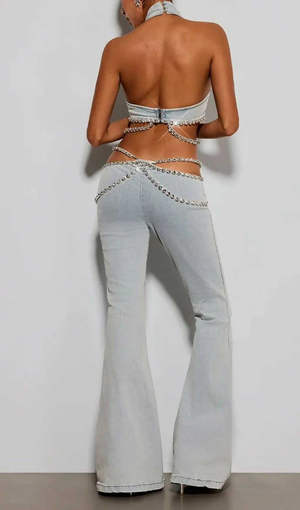 Ethelda Halterneck Rhinestone Denim Pants Set Flowering Girl