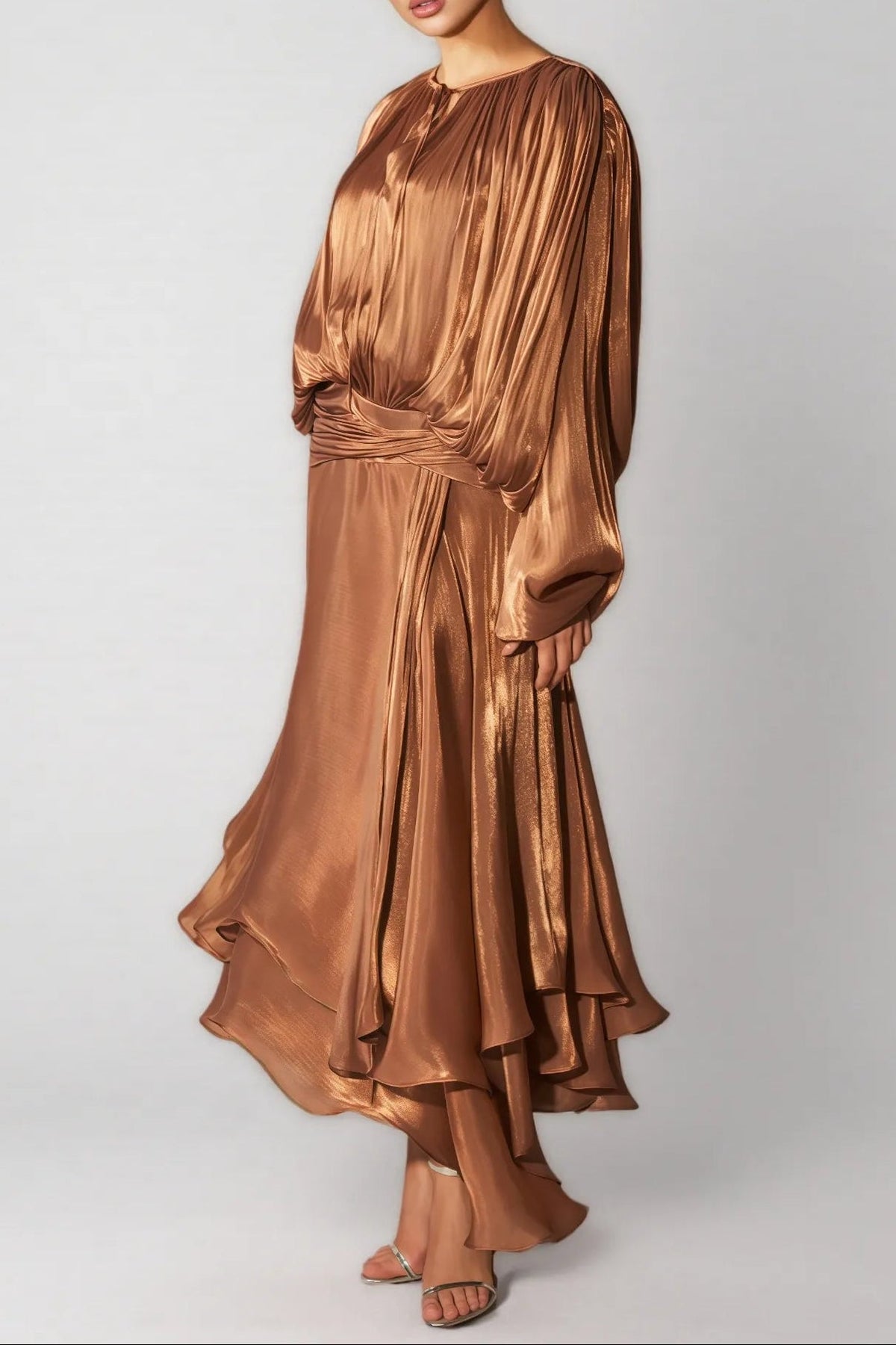 Brown Pleated Bodice Draped Puff Sleeve Maxi Dress Flowering Girl