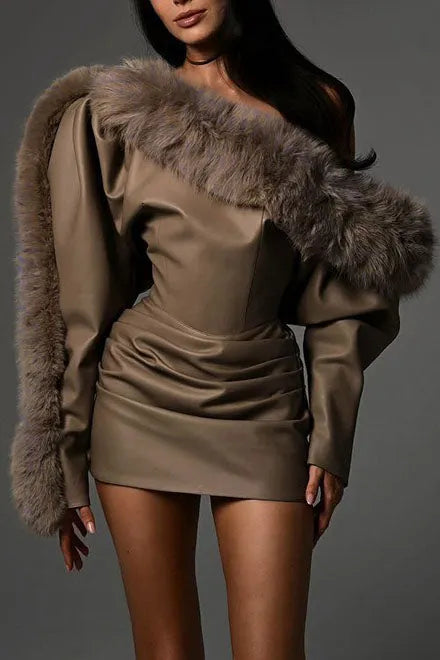 Sibyl Leather Fur Collar Asymmetrical Mini Dress In Brown Flowering Girl