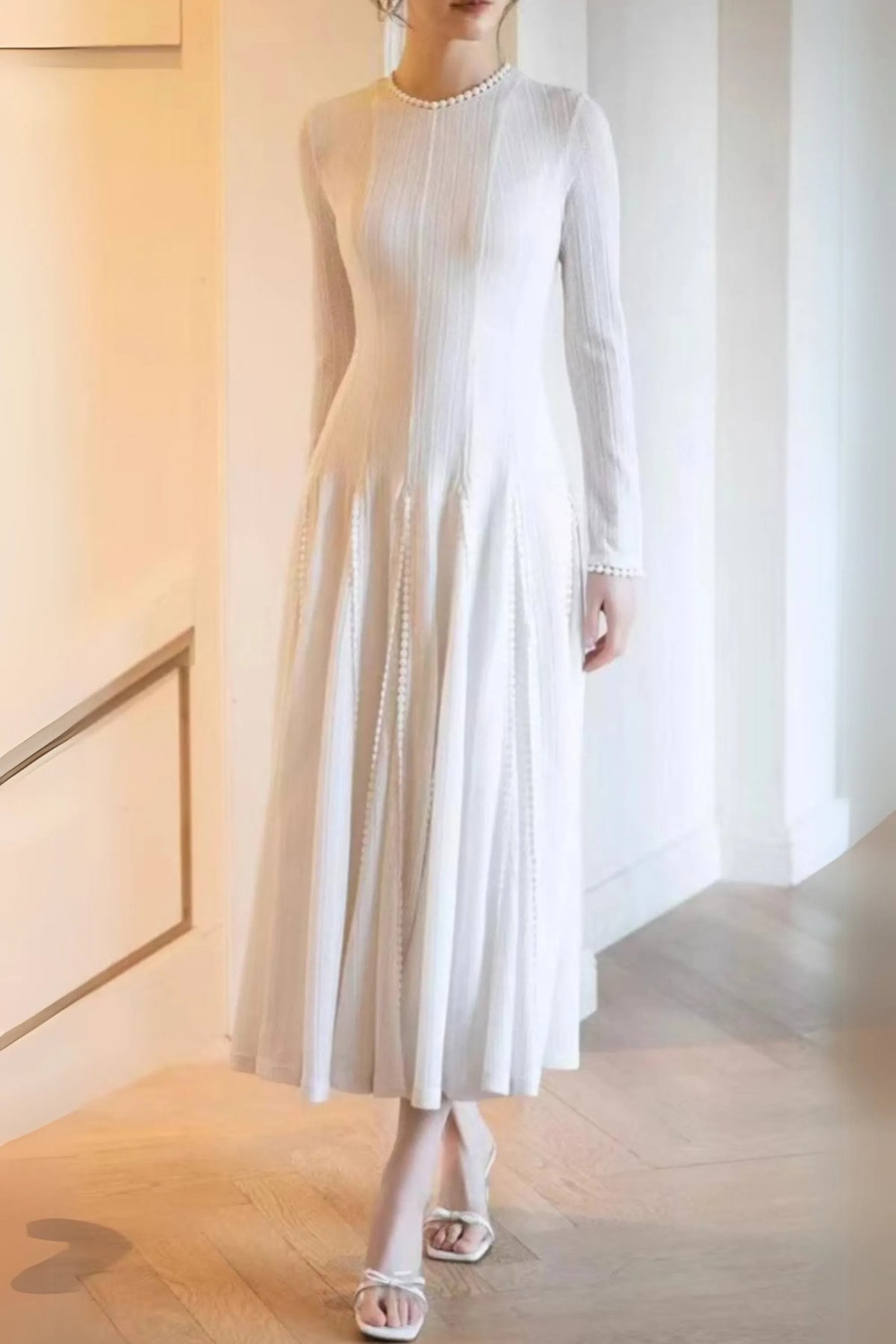 White Crochet Lace Maxi Dress With Sleeves Flowering Girl