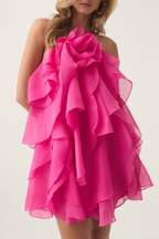 Lorraine Halter Floral Ruffle Layered Mini Dress In Fuchsia Flowering Girl