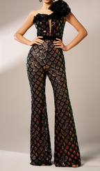 Mermaid Scale Floral One-Shoulder Sequin Jumpsuit Flowering Girl
