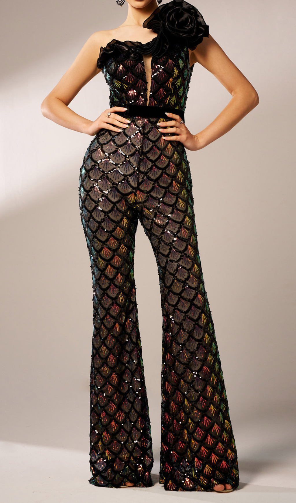 Mermaid Scale Floral One-Shoulder Sequin Jumpsuit Flowering Girl