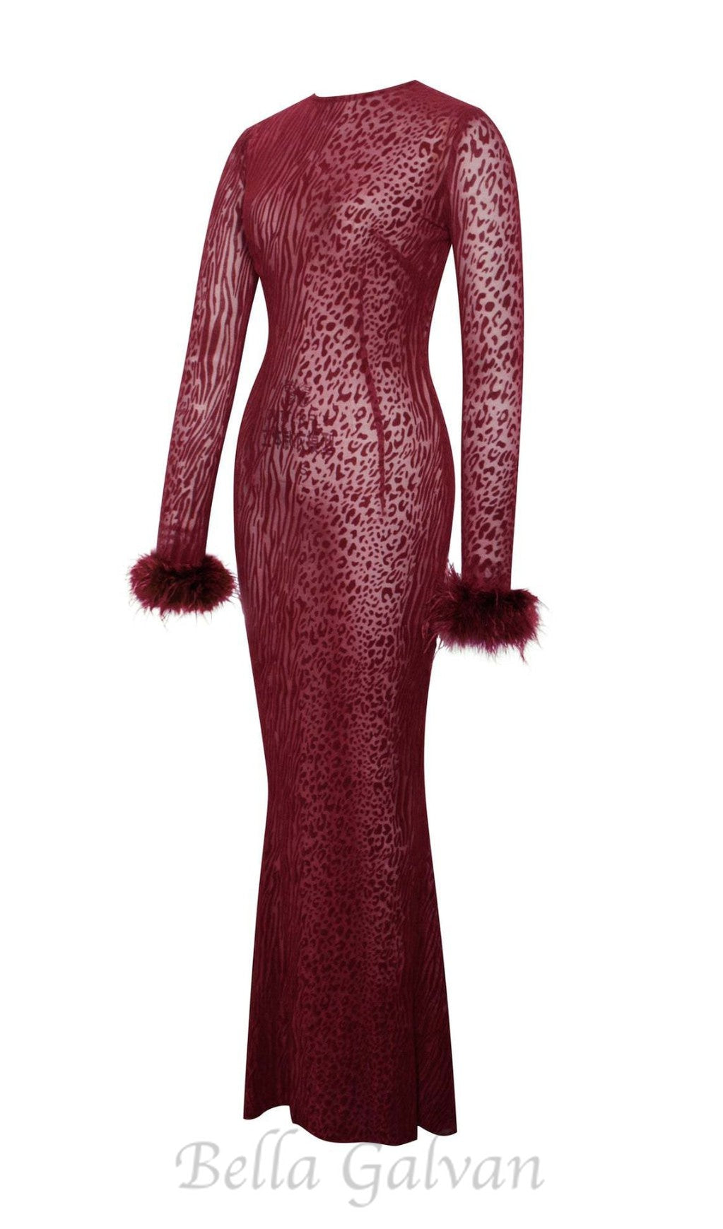 burgundy mesh feather maxi dress Flowering Girl