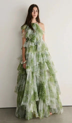 Claire Green Floral Print Pleated Layer Maxi Dress Flowering Girl
