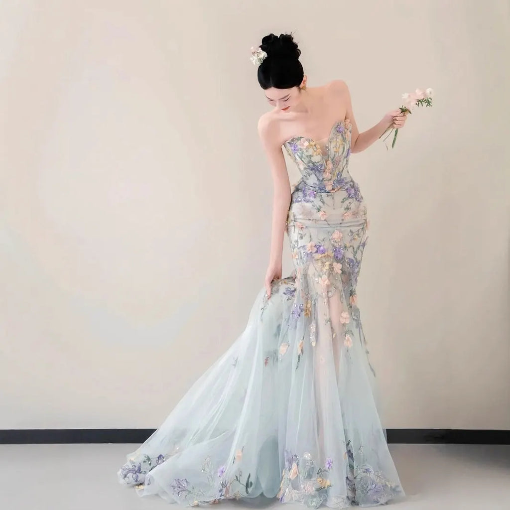 Strapless Pastel 3D Floral Tulle Mermaid Gown With Train Flowering Girl