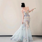Strapless Pastel 3D Floral Tulle Mermaid Gown With Train Flowering Girl