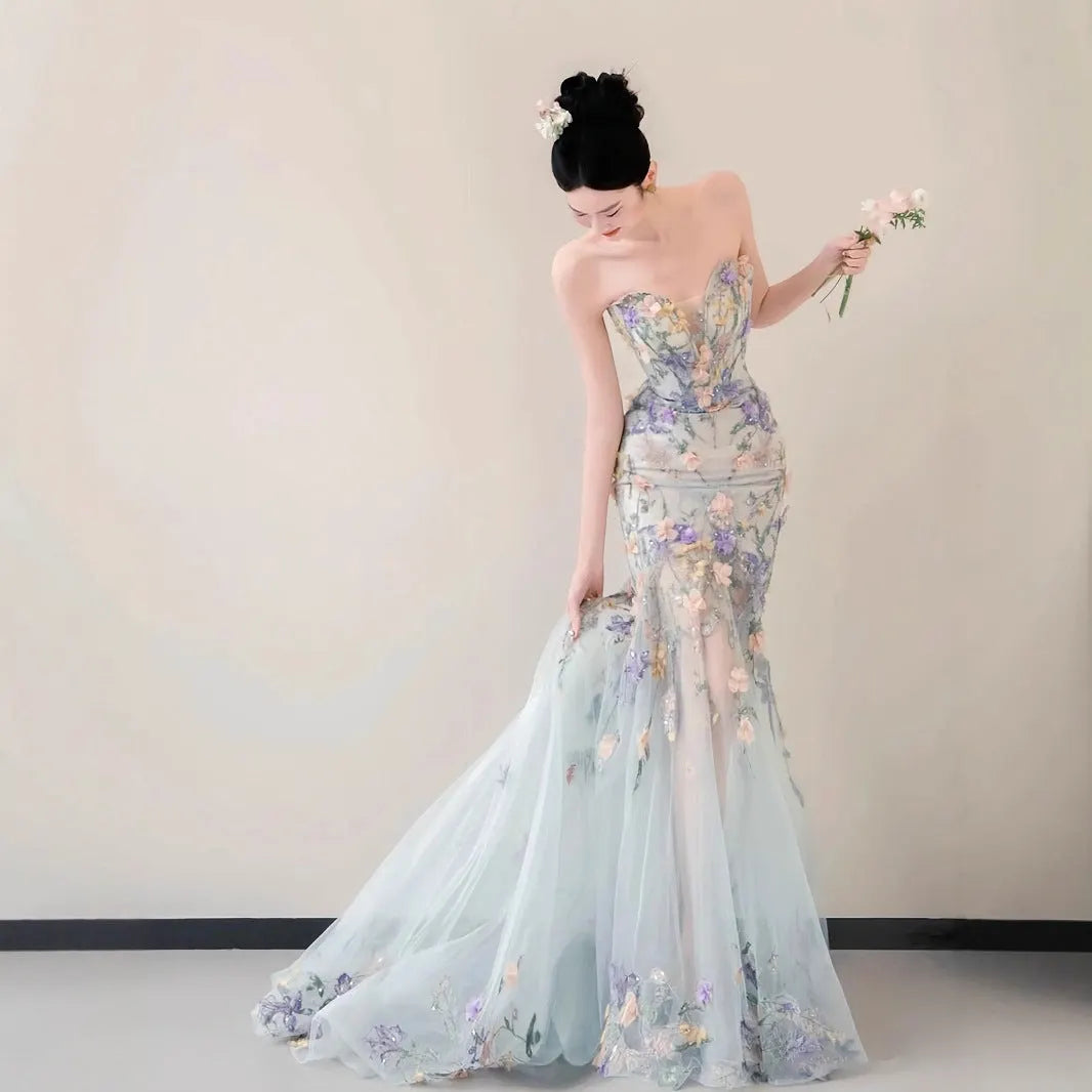 Strapless Pastel 3D Floral Tulle Mermaid Gown With Train Flowering Girl