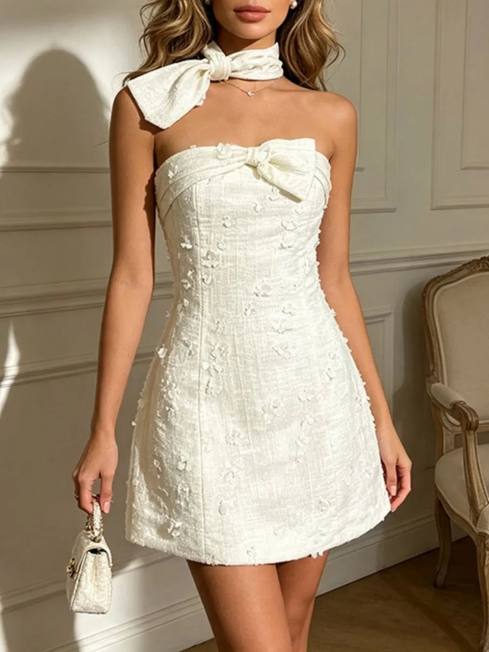 Maudie White Flower Embellished Mini Dress Flowering Girl