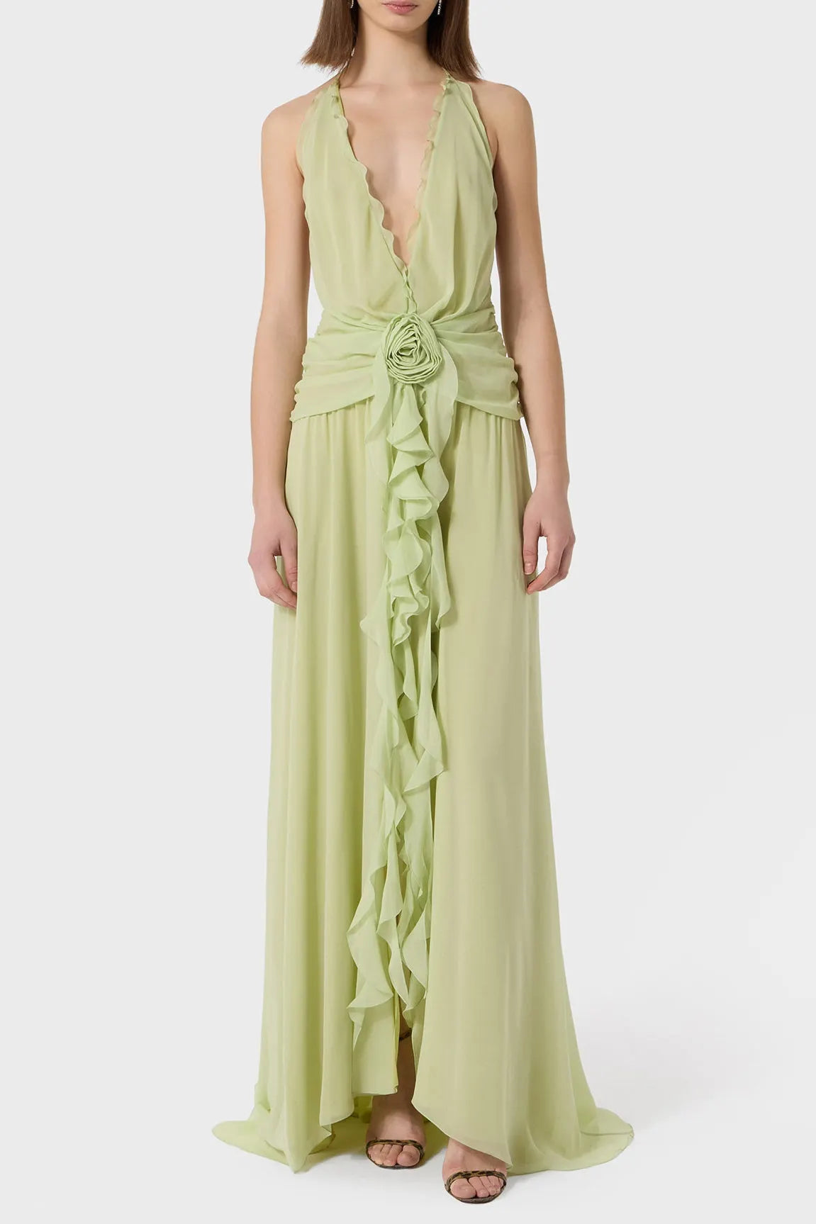 Aonaver Floral Ruffle Halter Maxi Dress in Green Flowering Girl