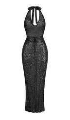 Brennen Black Halter Sequin Backless Maxi Dress Flowering Girl
