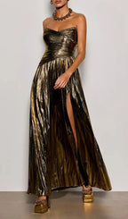 Quvory Strapless Split Metallic Maxi Dress In Gold Flowering Girl