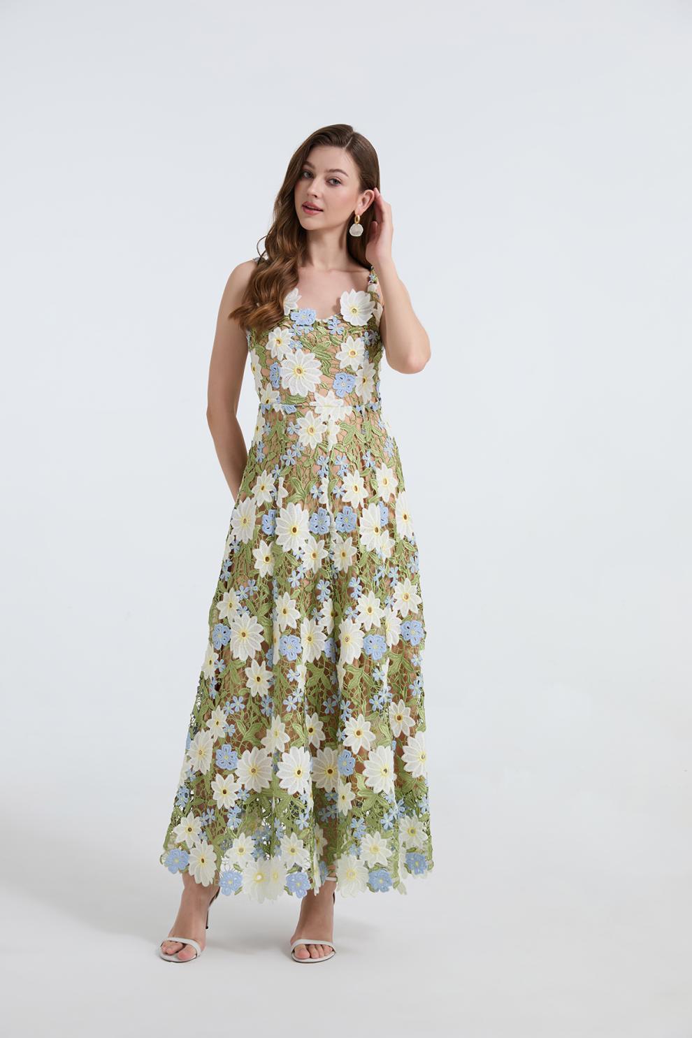 celeste floral hollow stitching maxi dress in green Flowering Girl