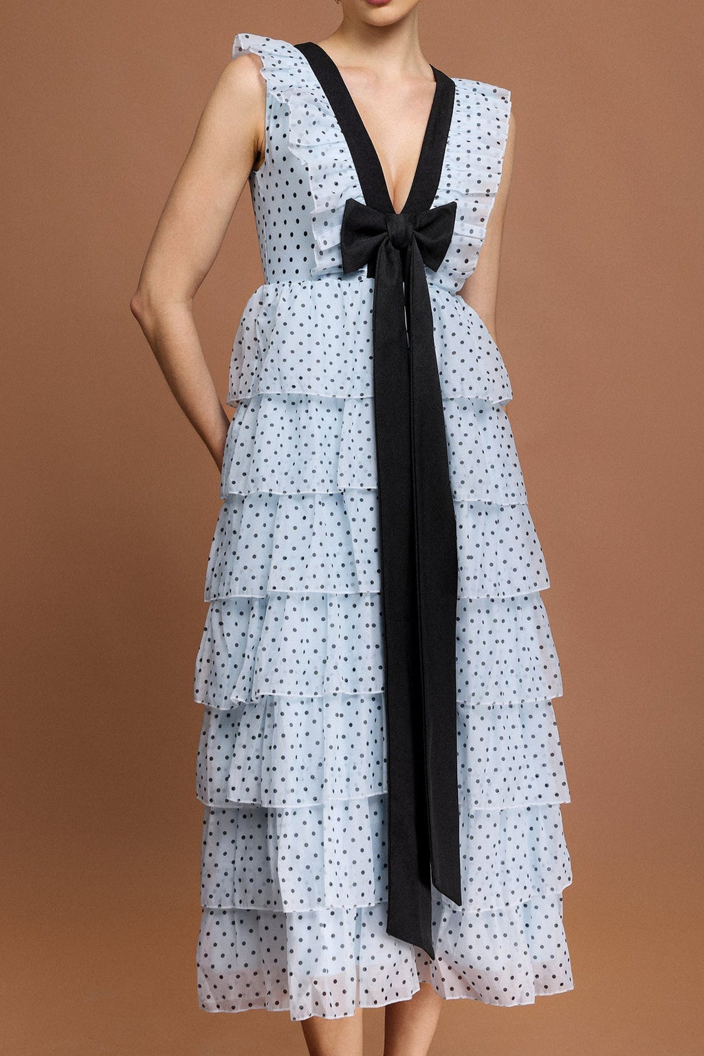 V-Neck Sleeveless Bowknot Folds Dot Printed Midi Dress Flowering Girl