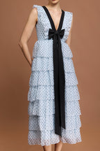 V-Neck Sleeveless Bowknot Folds Dot Printed Midi Dress Flowering Girl