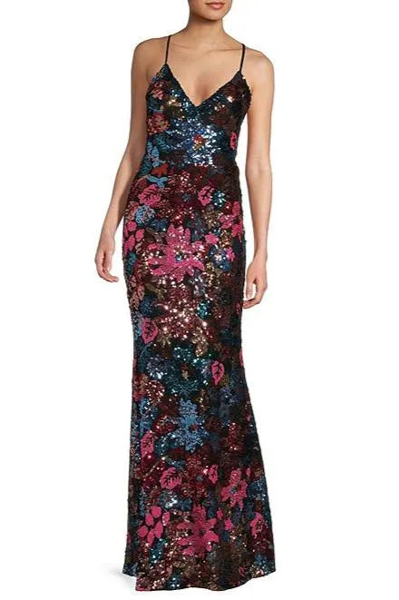 Midnight Doll Floral Sequin V-Neck Lace-Up Back Long Dress Flowering Girl