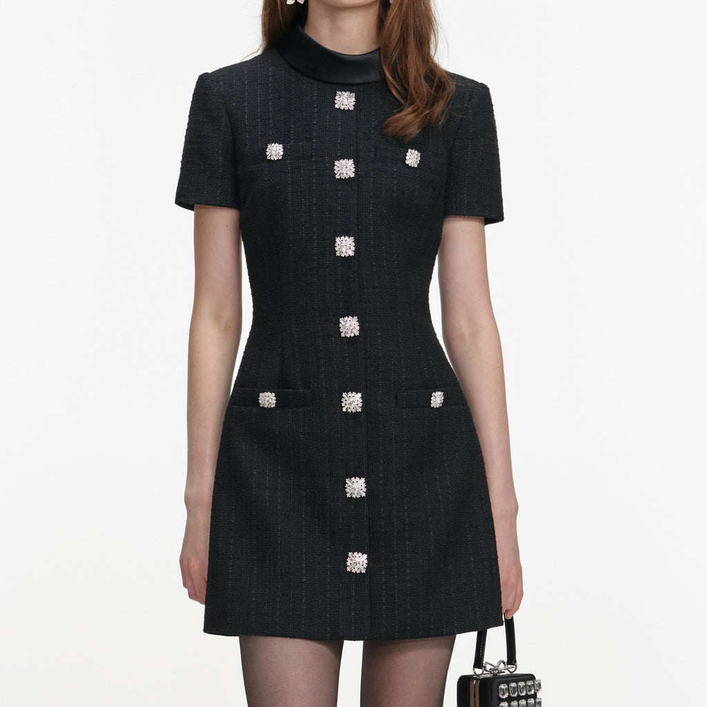 Tabitha Boucle Collared Tweed Mini Dress In Black Flowering Girl