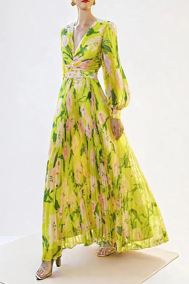 V-Neck Silk Printed Pleated Maxi Dress In Yellow Flowering Girl