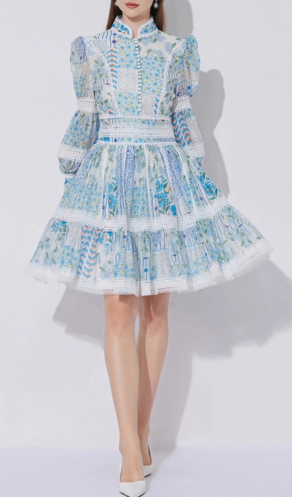 Erla Blue Floral Long Sleeve Mini Dress Flowering Girl