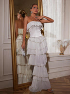 Strapless Ruched Mesh Maxi Dress In White Flowering Girl