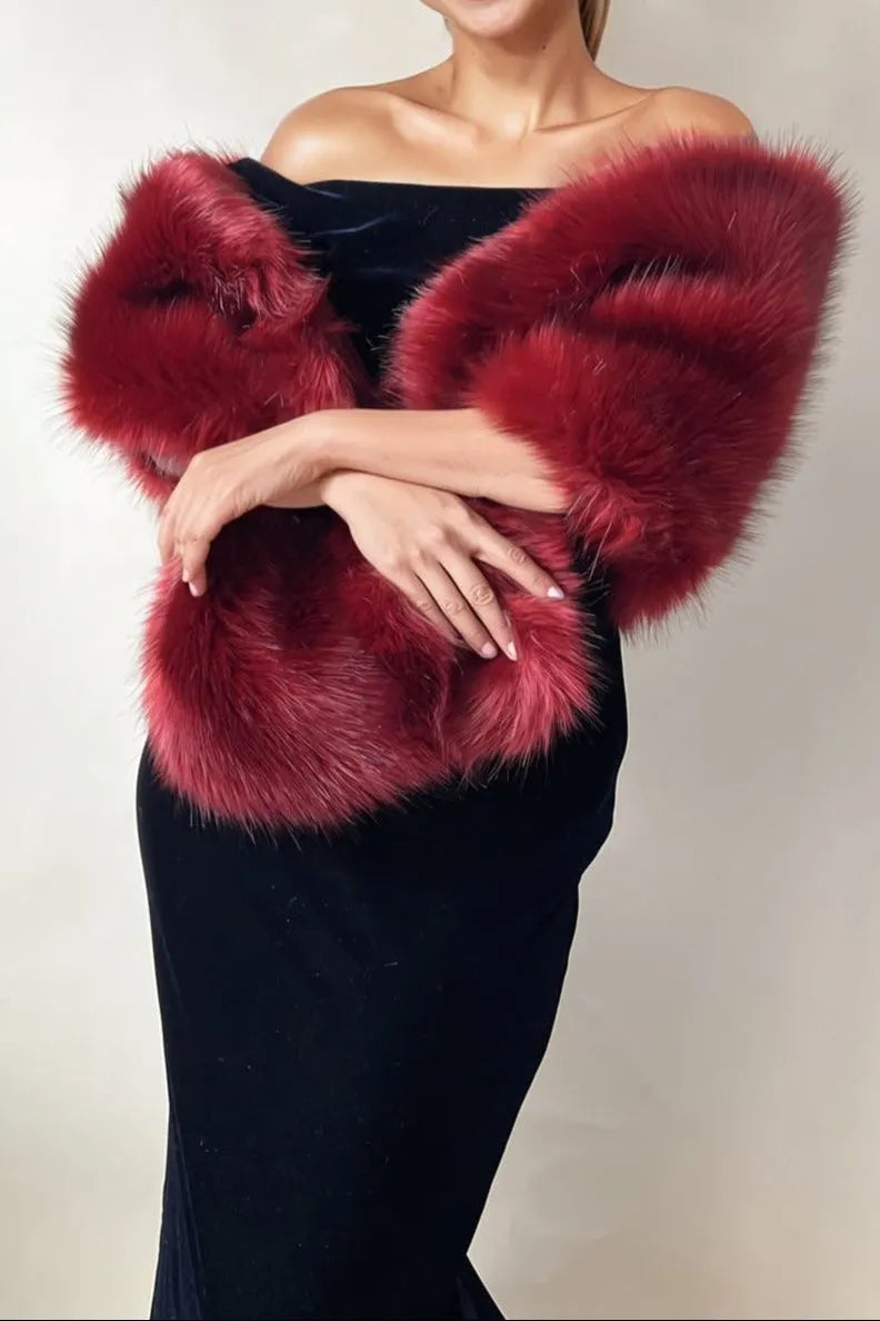 Hulda Fur Shawl In Wine Red Flowering Girl