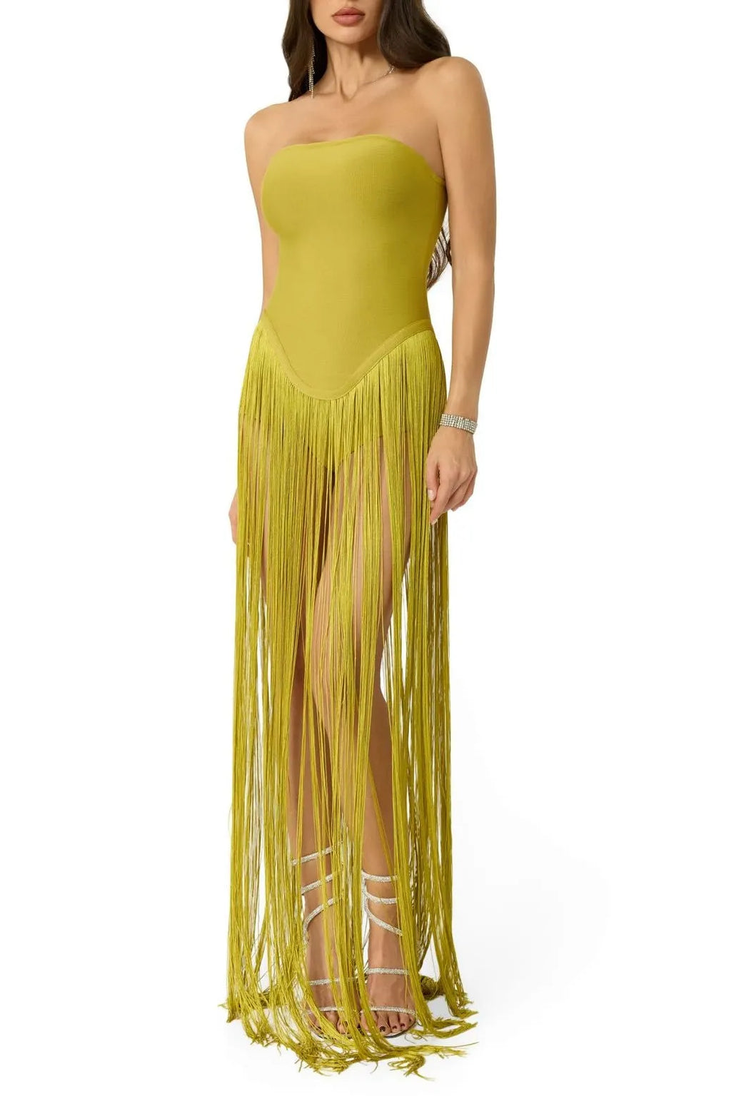 Helen Bodysuit Fringe Strapless Mini Dress In Green Flowering Girl