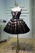 Lorraine Bow Lace Strapless Puffy Mini Dress In Black Flowering Girl