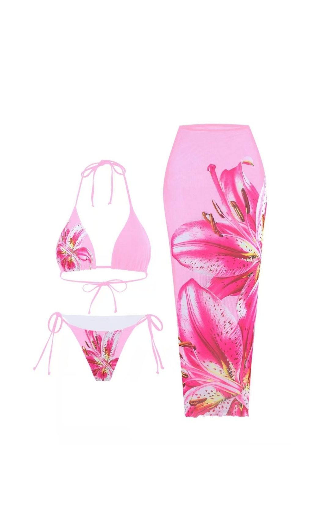Grynn Floral Bikini Three Piece Set In Pink Flowering Girl