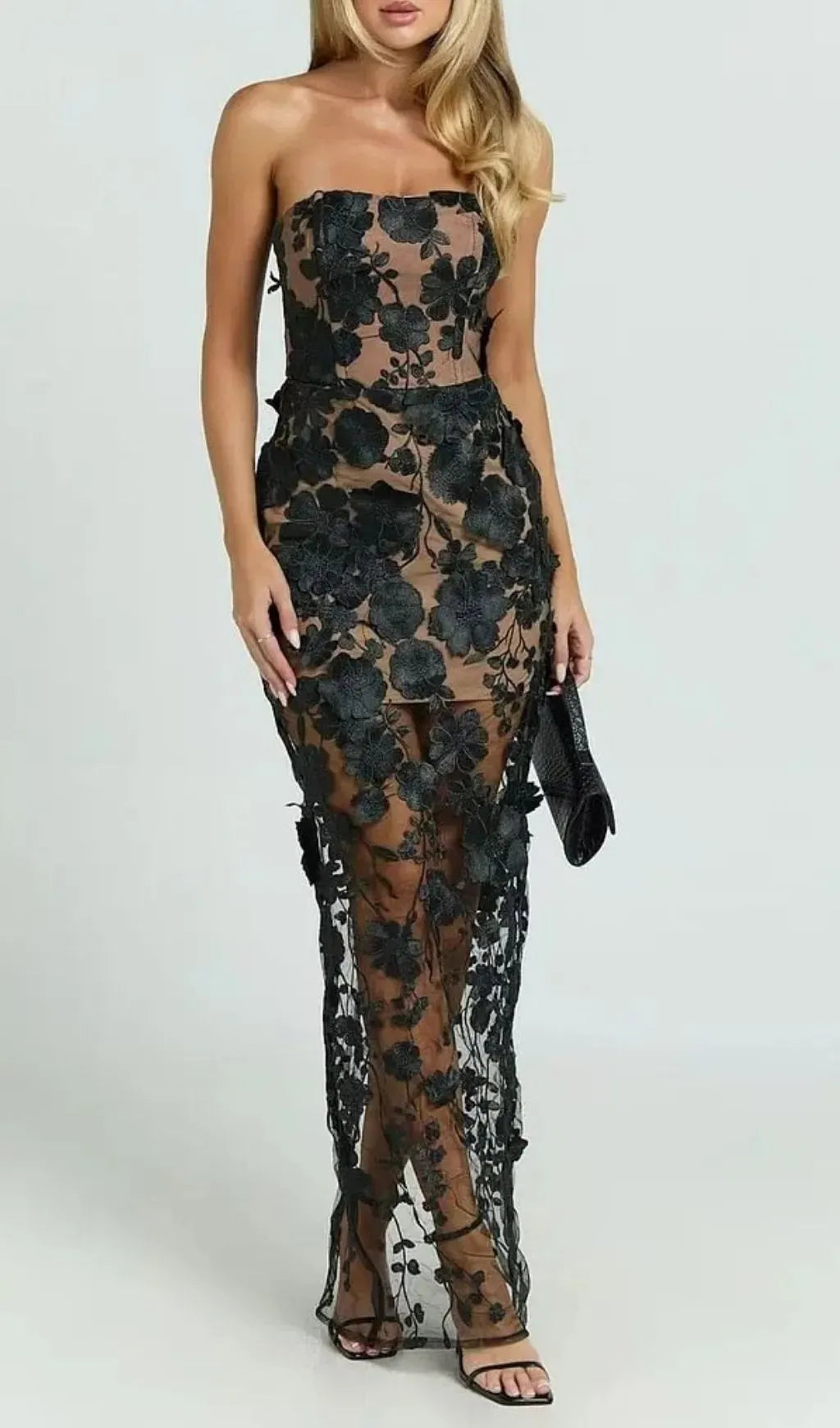 Strapless 3D Floral Mesh Maxi Dress Flowering Girl