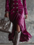 Purple Button-Down Velvet Long Blazer Maxi Dress Flowering Girl