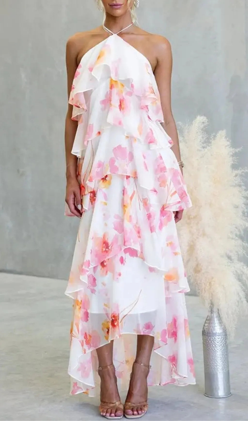 Floral Ruffle Halter Neck Midi Dress - Pink Flowering Girl