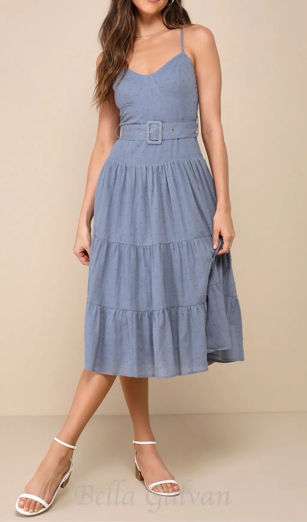 slate blue swiss dot bustier tiered midi dress Flowering Girl